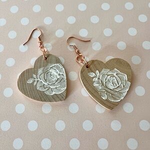 Boutique Wooden Rose Stamped Heart Earrings